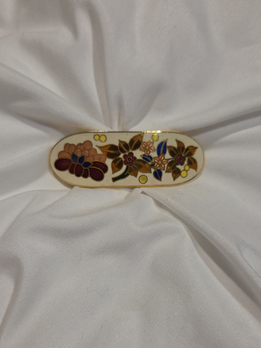 Floral Cloisonné Belt Buckle in White with Multicolor Flowers